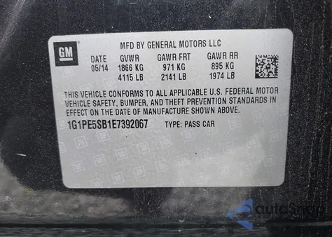 2014 Chevrolet Cruze 2Lt Auto from USA, damaged, VIN 1G1PE5SB1E7392067